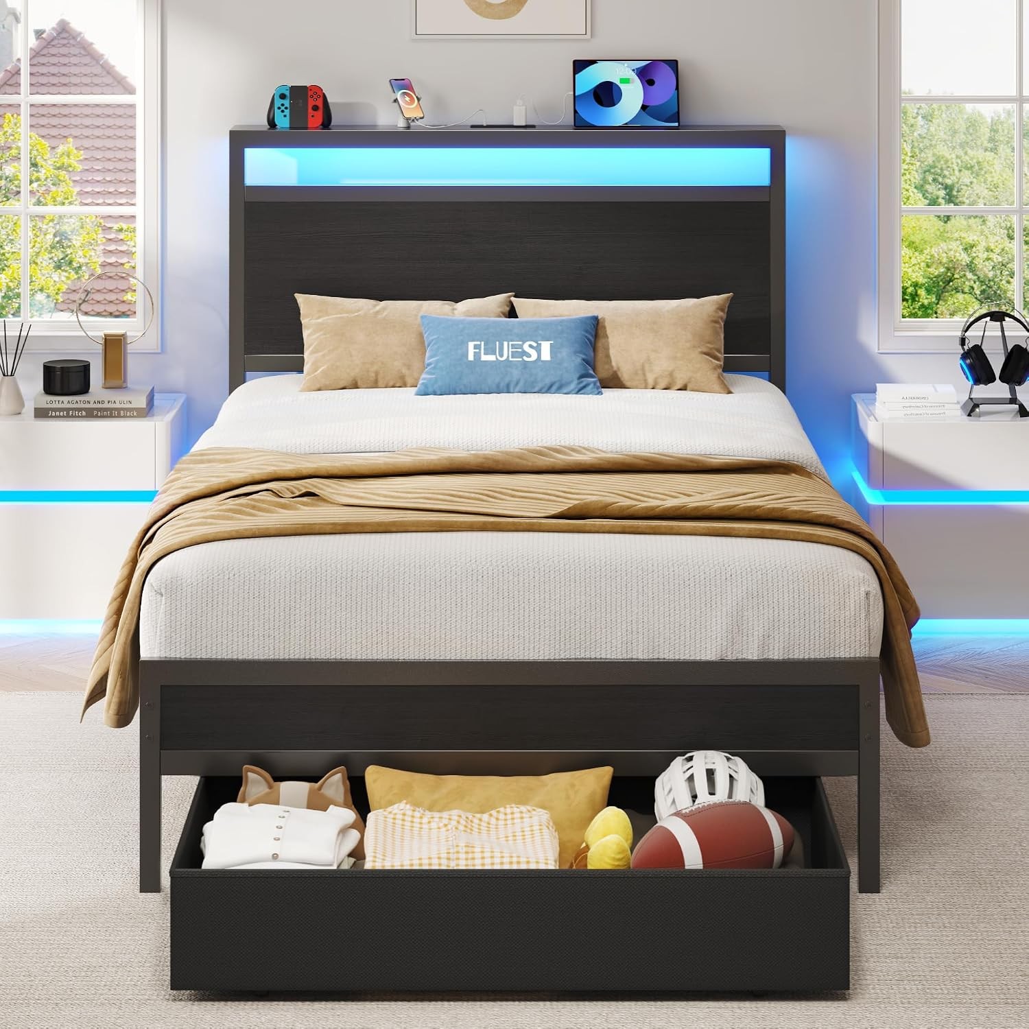Twin Bed Frame Twin Bed Frame with Storage Headboard & Storage Drawer
