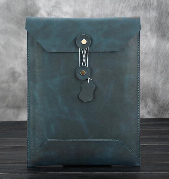 file Folder pocket cow Leather laptop bag Briefcase iPad Case pouch blue 622