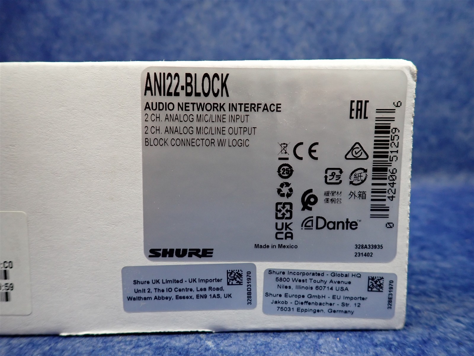 NEW Shure ANI22-BLOCK Audio Network Interface Analog Mic/Line I/O (G128)