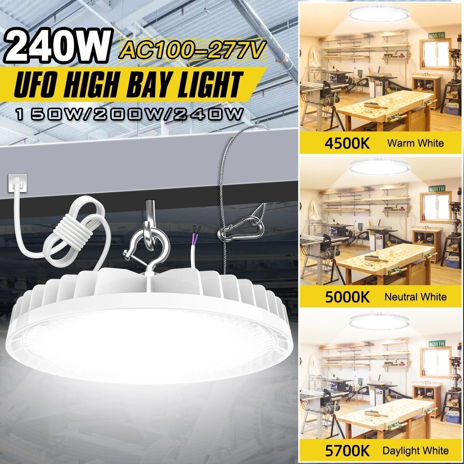 240 Watts UFO LED Light High Bay 4.5-5.7K Warehouse Industrial Lighting 100-277V