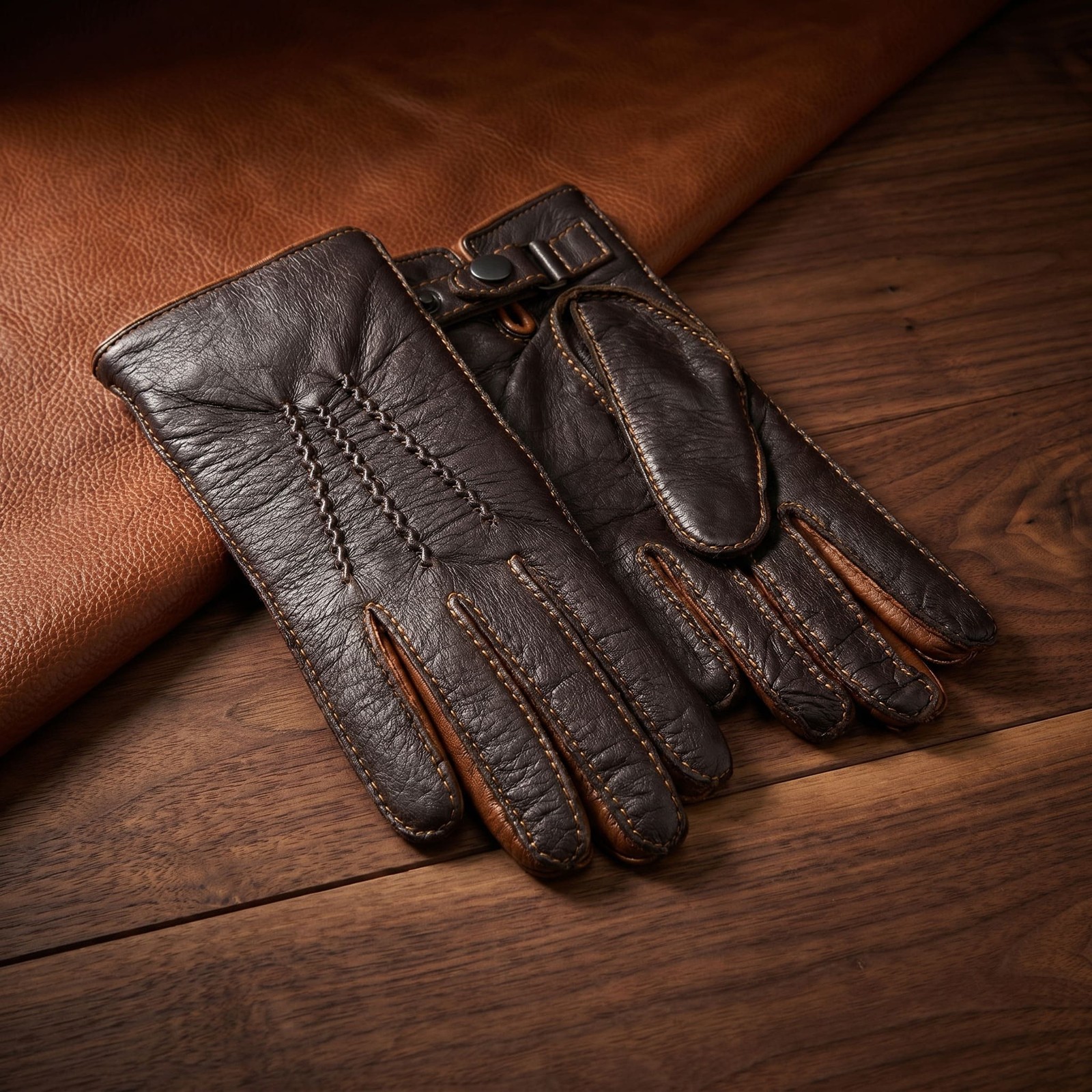 Men's deerskin winter leather gloves dark brown cork