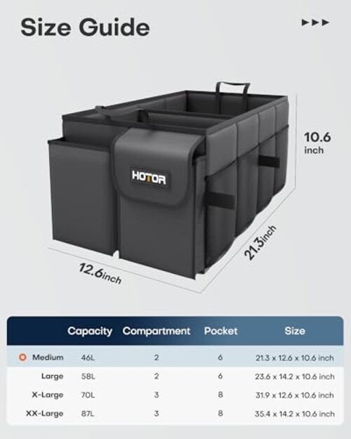 HOTOR Trunk Organizer - Car Organizer, Foldable Medium (2 Compartments) Black
