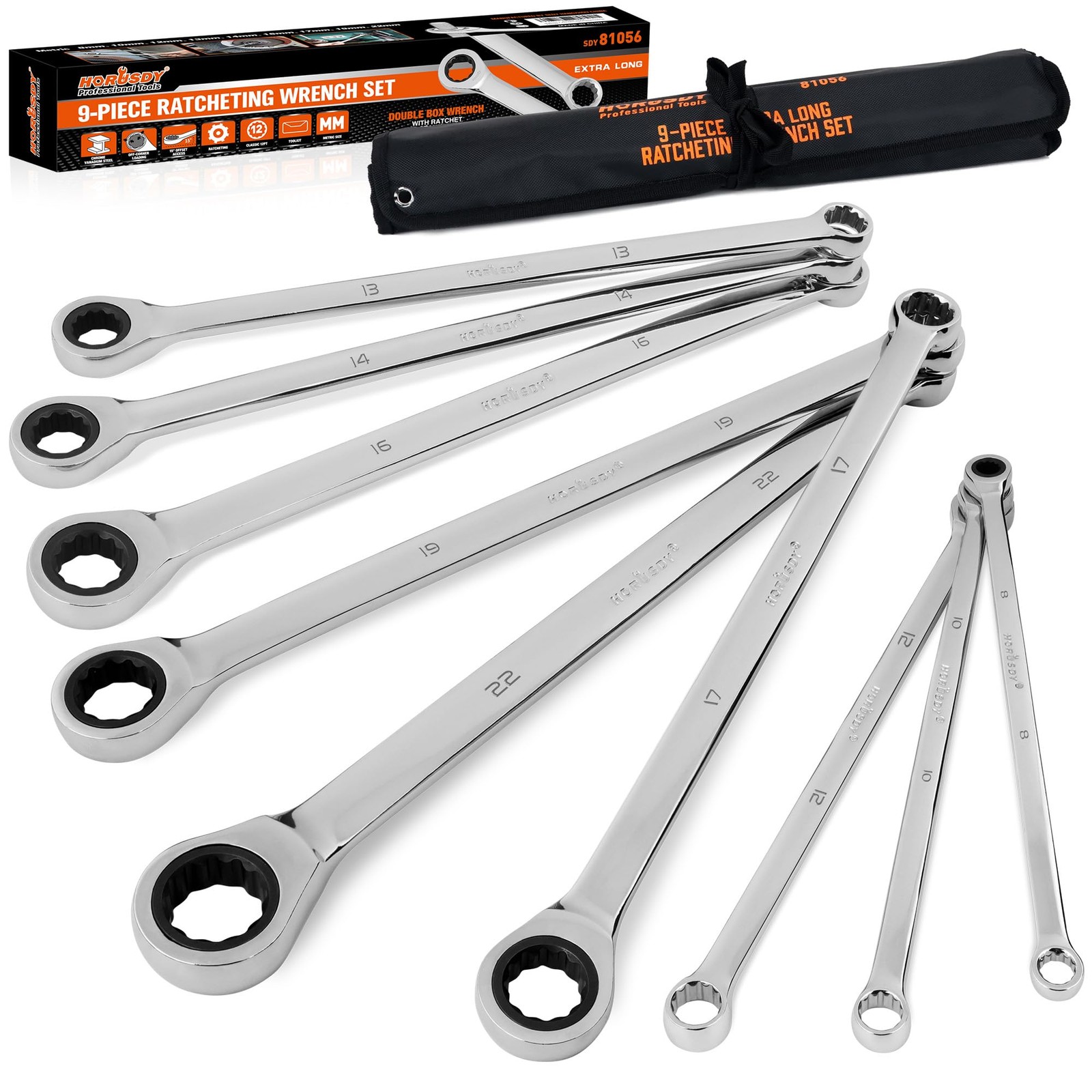 9-Piece Extra Long Ratcheting Wrench Set with Tool Bag & Box Metric 8-22mm CR...