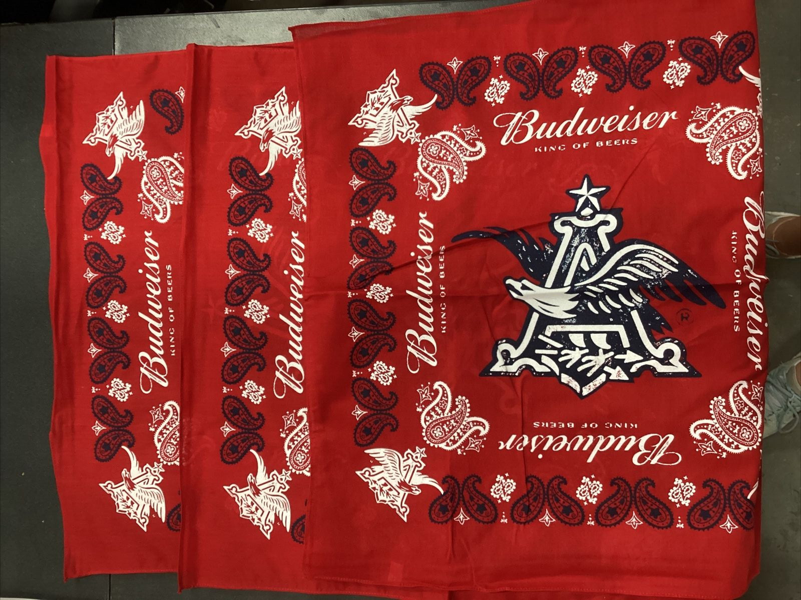 {QTY 3} Budweiser King of Beers Bandana Scarf Red White Blue Paisley Print NEW