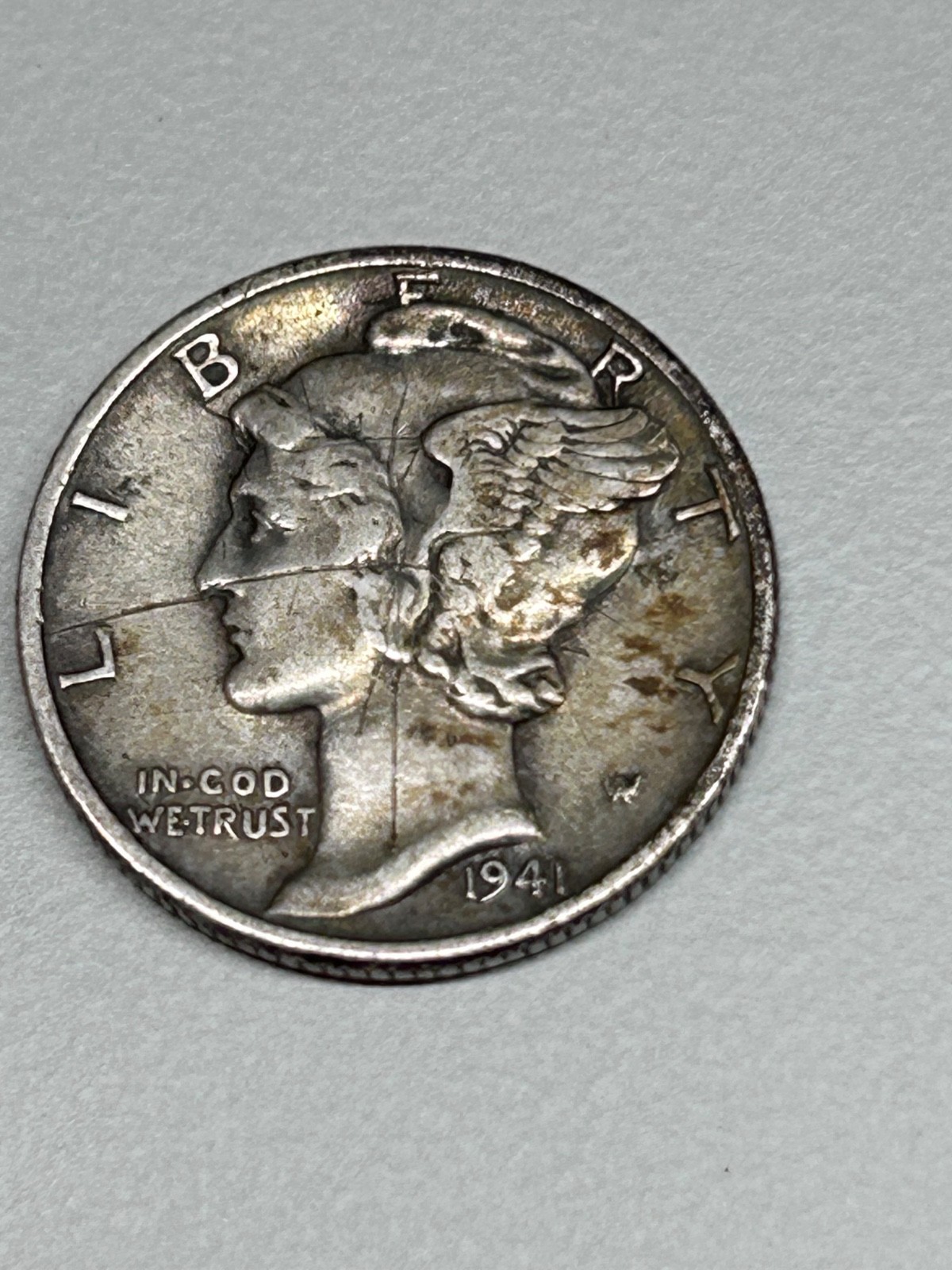 1941 D Mercury Dime Intersecting Lamination Die Crack Mint Error Silver 10C Coin