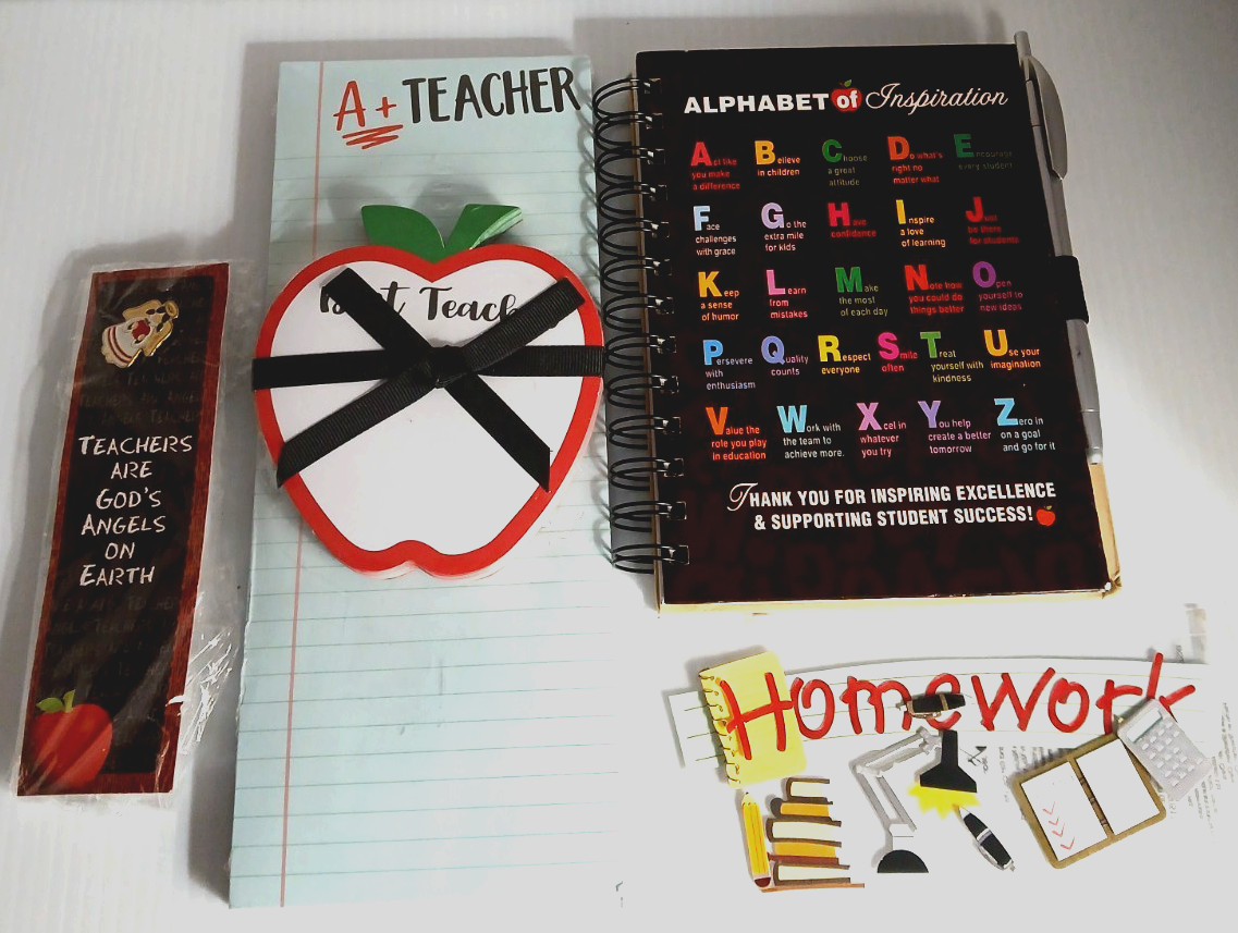 Teacher Gifts Mixed Lot Note Pad Journal Angel Apple Pin Homework Stickers
