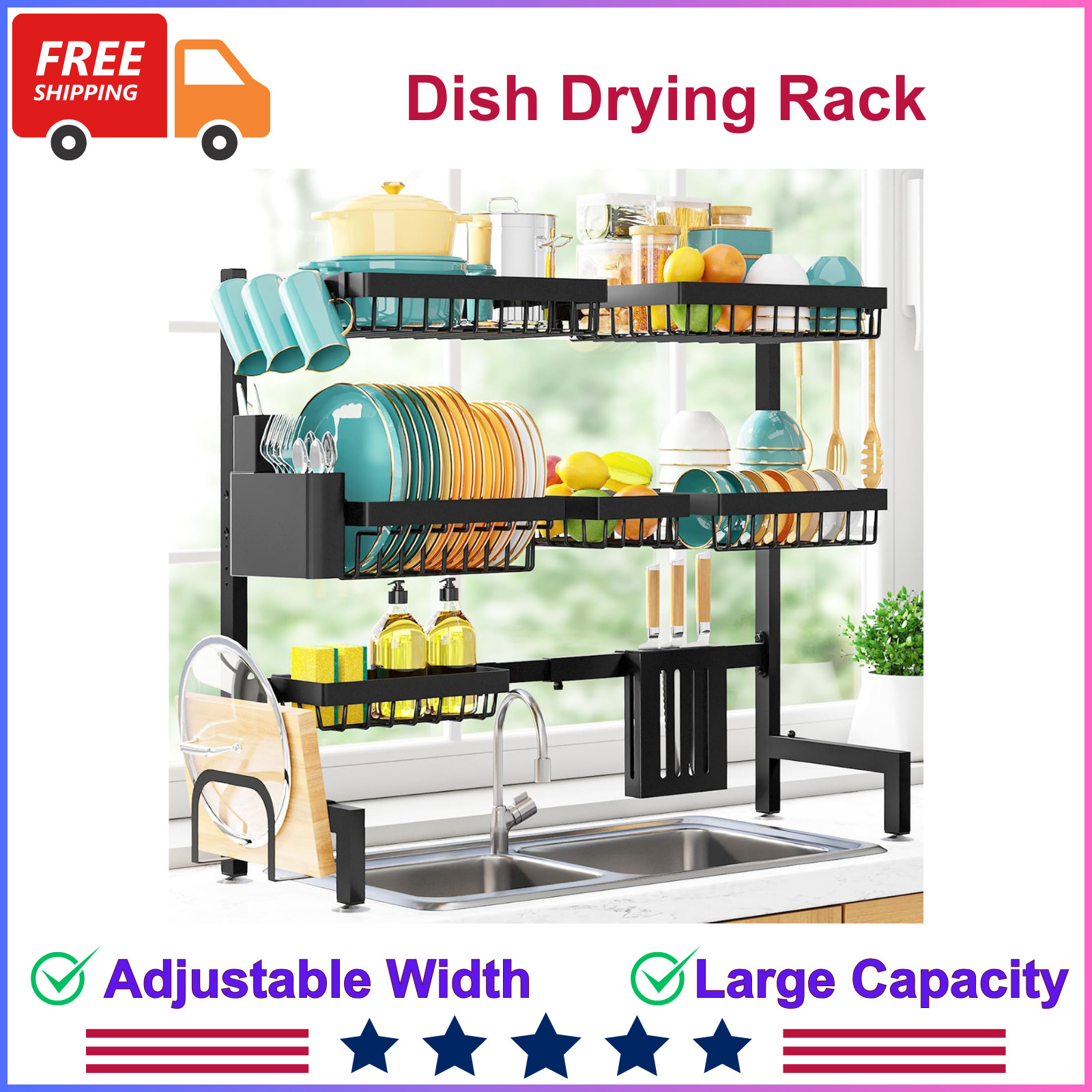 XX-Large Over-Sink Dish Drying Rack – Adjustable 3 Tier Stainless Steel Storage
