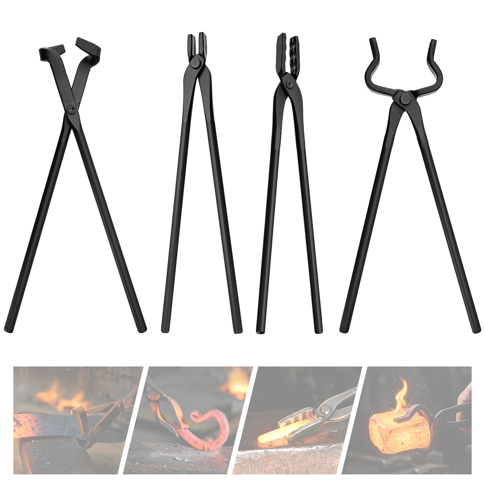 Set of 4 Blacksmith Tongs Heavy Duty for Bladesmithing and Blacksmithing Tool