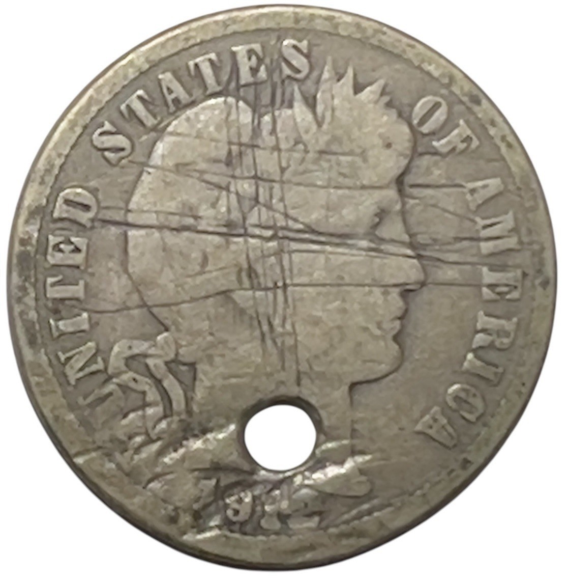 1912 D  BARBER Liberty Head 90% Silver Dime, Holed Coin,   #251 “JG Coins”