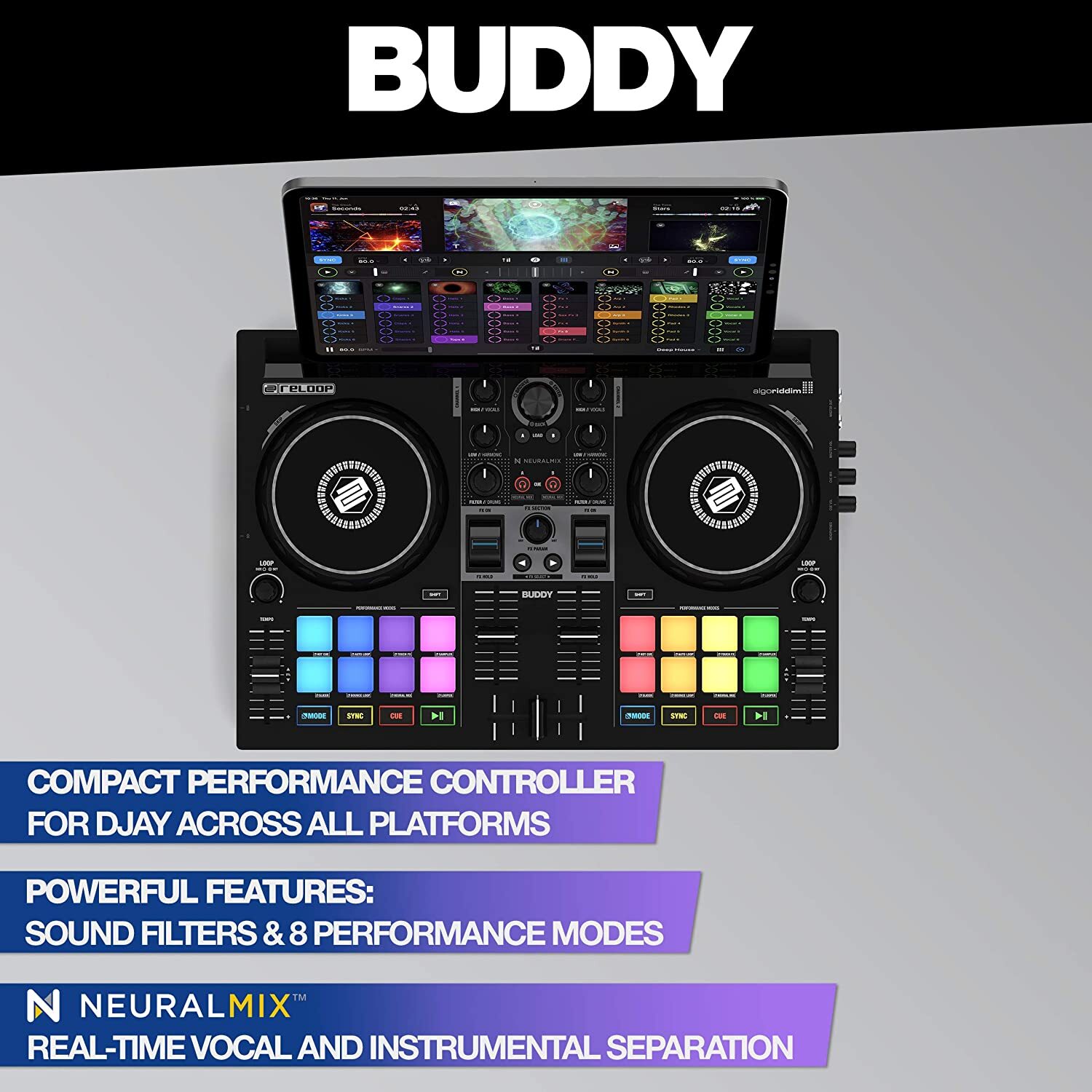 Reloop Buddy compact 2-channel DJ controller for Algoriddim DJay on iOS, PadOS,
