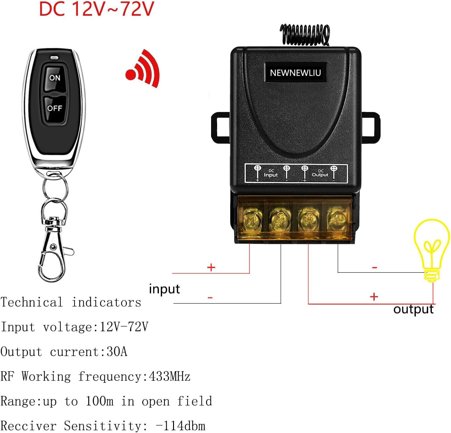 12 Volt Remote Switch 12V-72V Remote Switch, Black