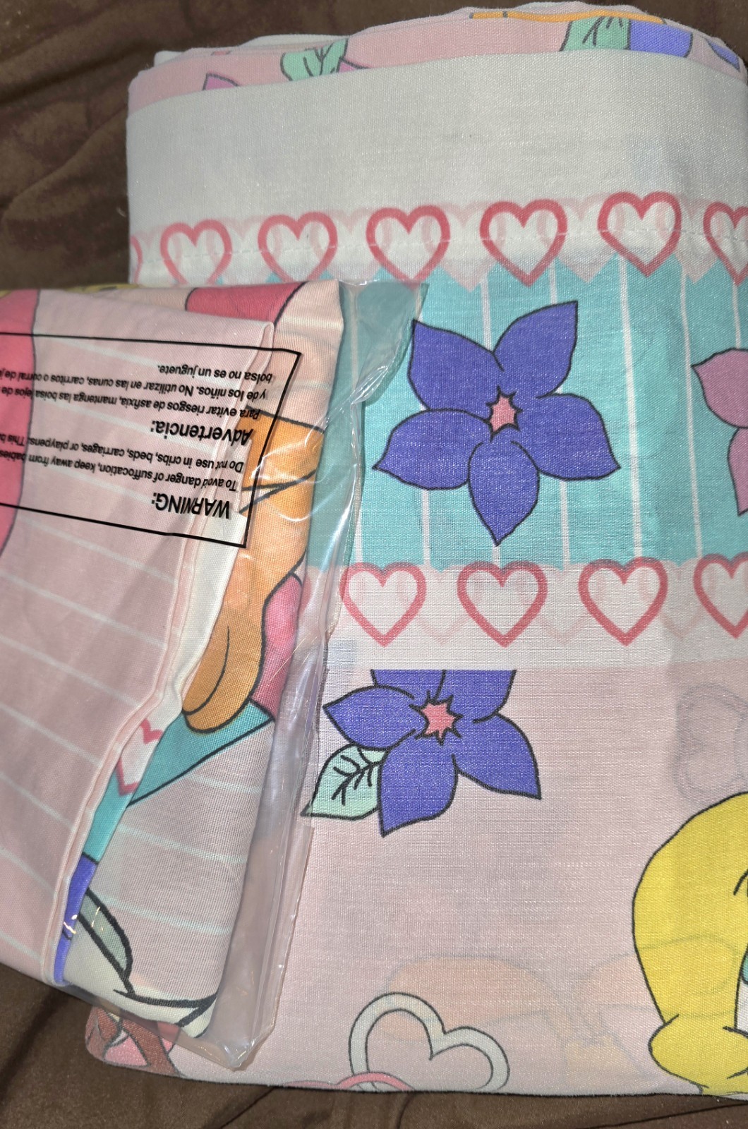 Vintage Pillowcase And Full Flat Sheet Tweety Sylvester Bugs Bunny Hearts