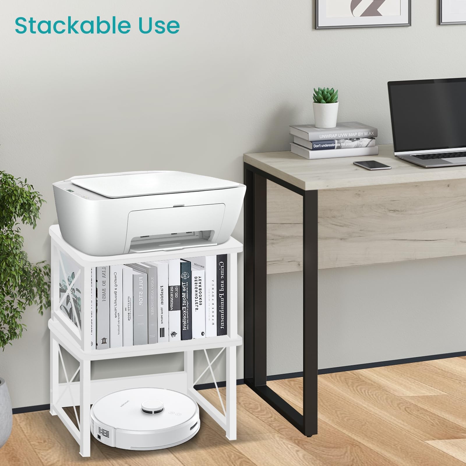 Modern Wood Desktop Printer Stand Storage Shelf Riser Under Desk Table White