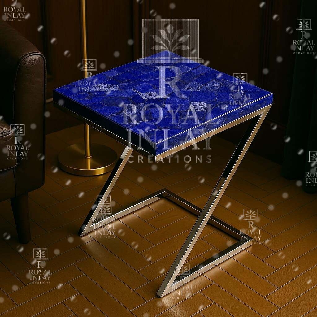 21" Lapis Lazuli Side Table | Handmade Gemstone Accent Table |Luxury Blue Table