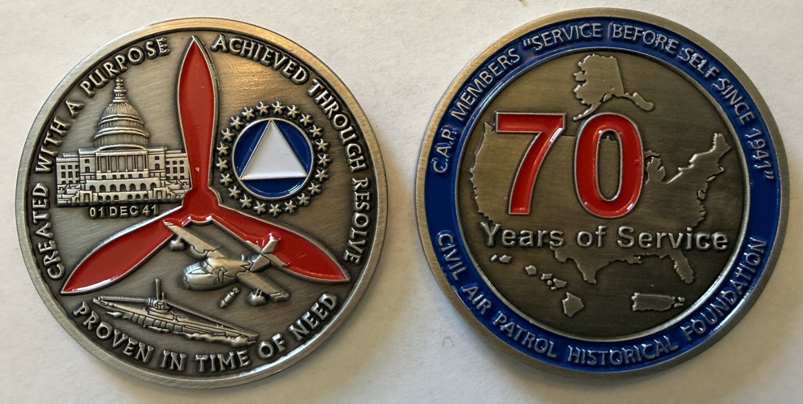 Civil Air Patrol 70th Anniversary Silver  & Enameled Tone Challenge Coin 1.5."