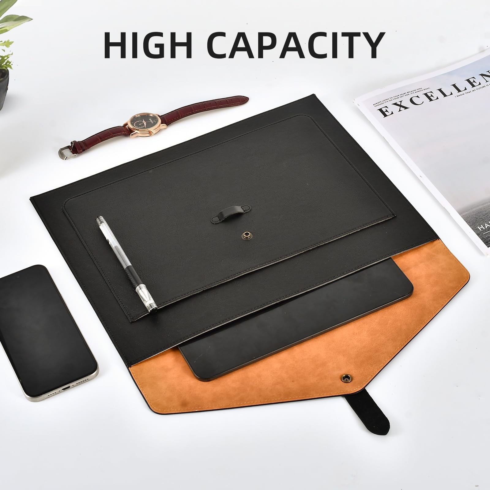 Brown PU Leather File Folder, Snap Closure File Organizer, Important Document...