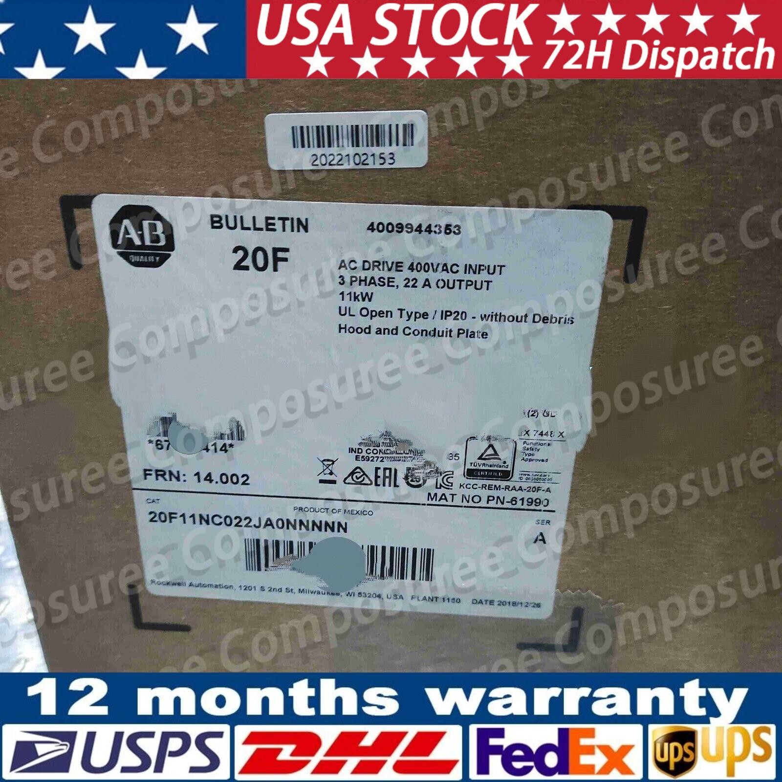 New AB 20F11NC022JA0NNNNN PowerFlex Air Cooled 753 AC Drive US Free Tax