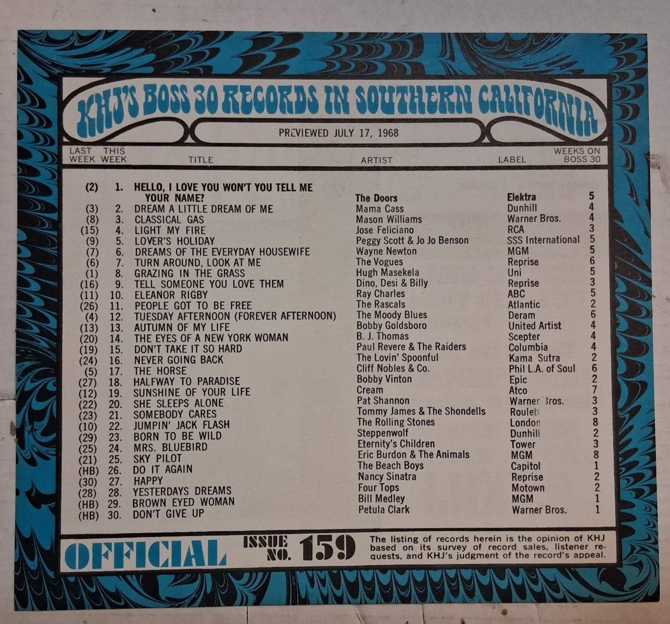 KHJ RADIO BOSS 30 survey #159 July 1968 THE DOORS #1 unfolded uncirculated