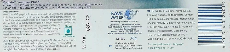 3x Colgate Sensitive Plus Instant Relief from Toothpaste 70g Pro Argin formula