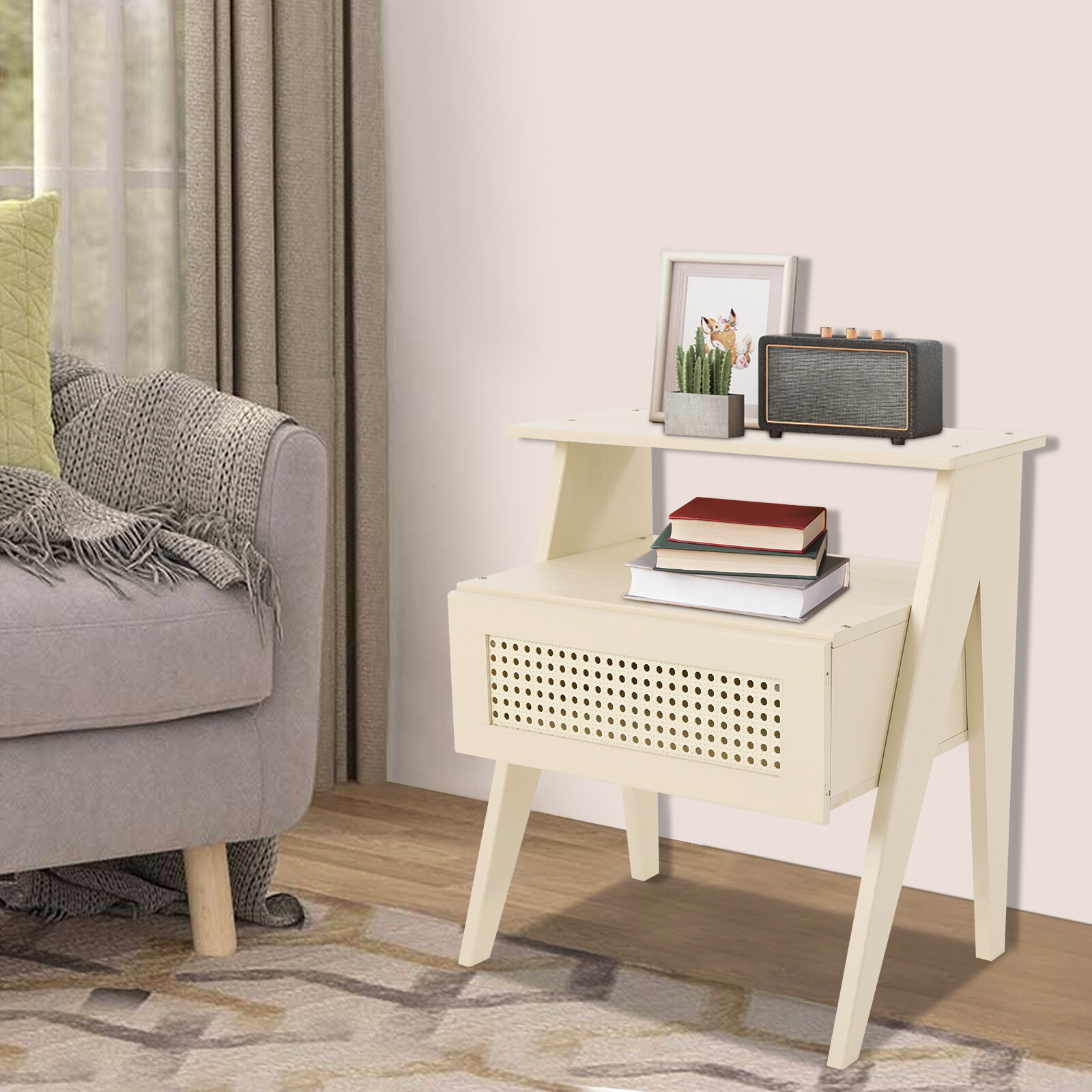 Bedside Table, Office Sofa Side Table Floorstanding Bedside Table With Drawer