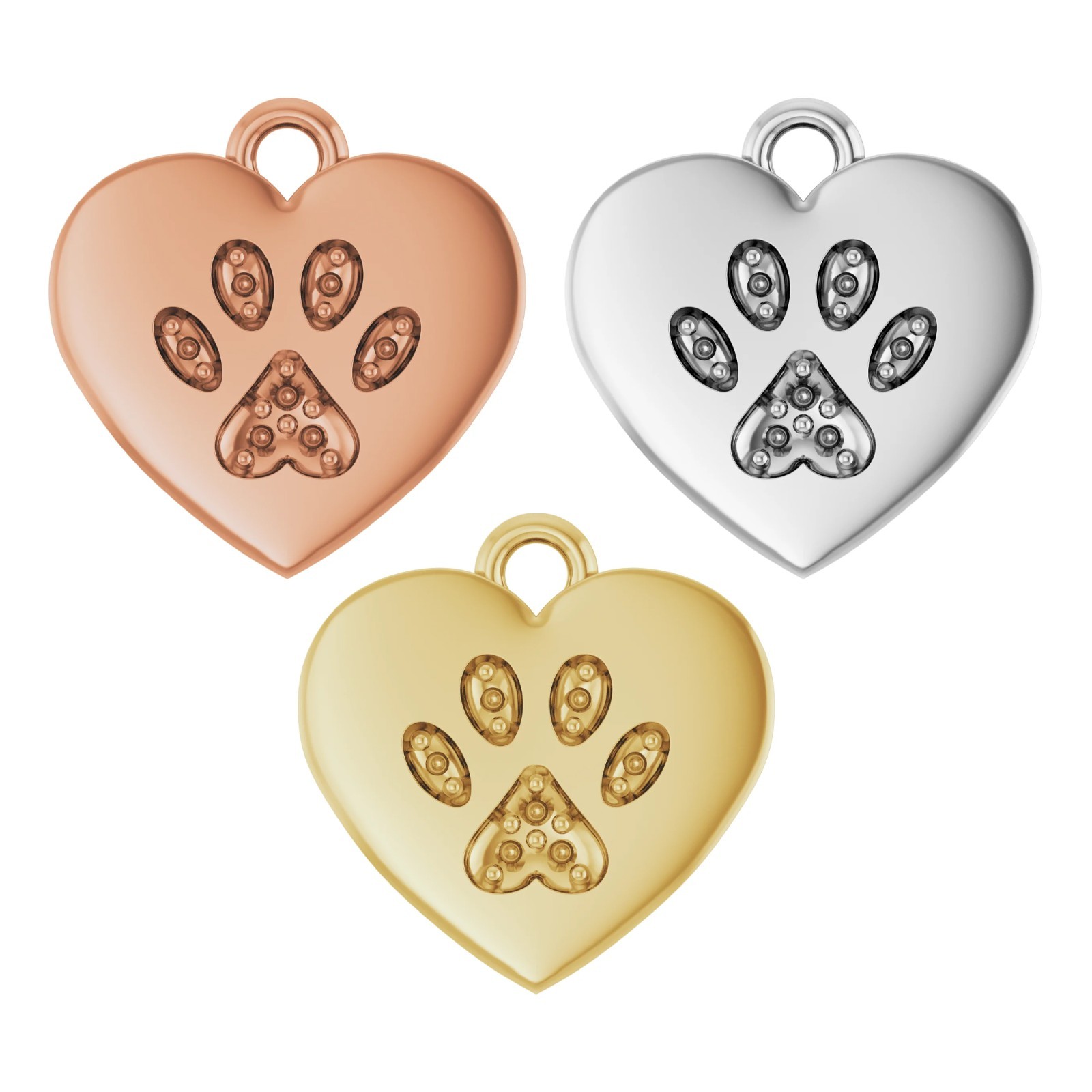 10K 14K 18K Gold, Platinum & Silver .8 mm Round Accented Paw Print Heart Dangle