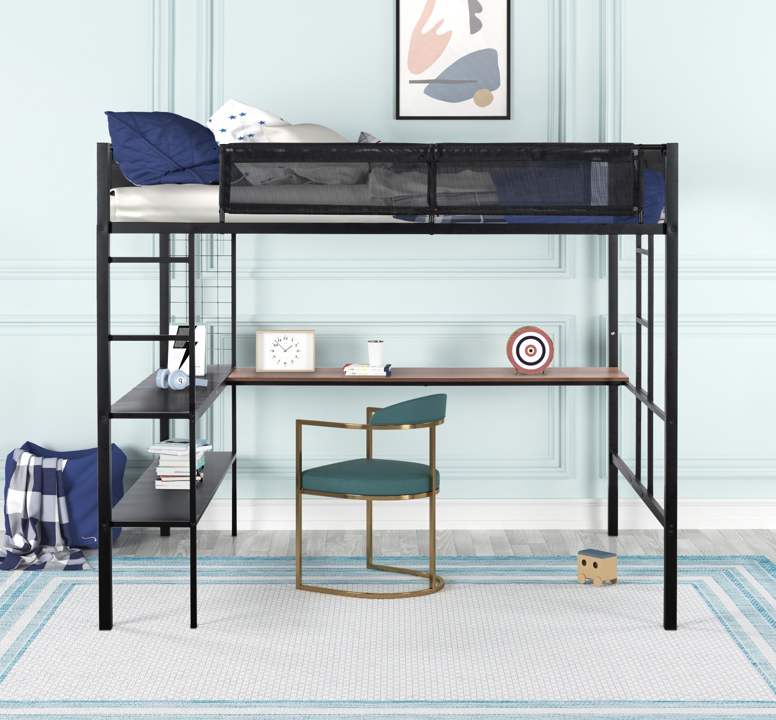 Metal Full Size Loft Bed with Desk,Shelves & Grid Panel/ 2 Side Ladders Black