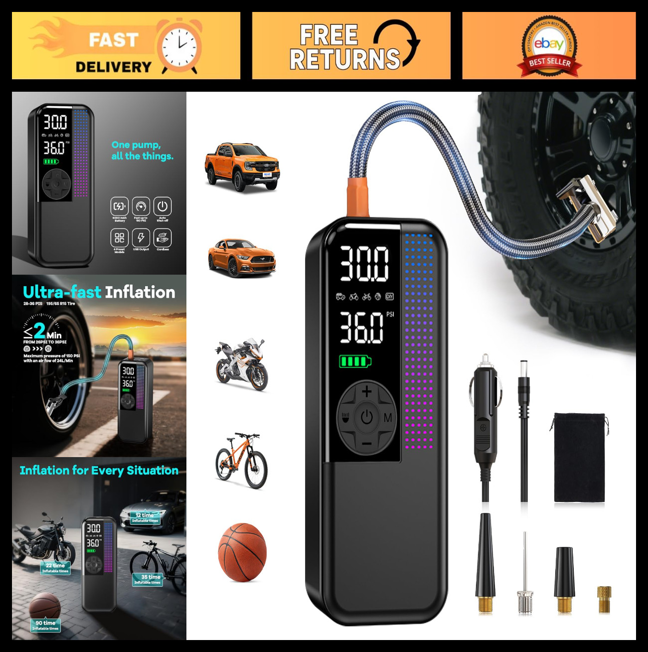 Portable Tire Inflator Air Compressor 150 PSI, Cordless 6000mAh Pump, Fast Infla