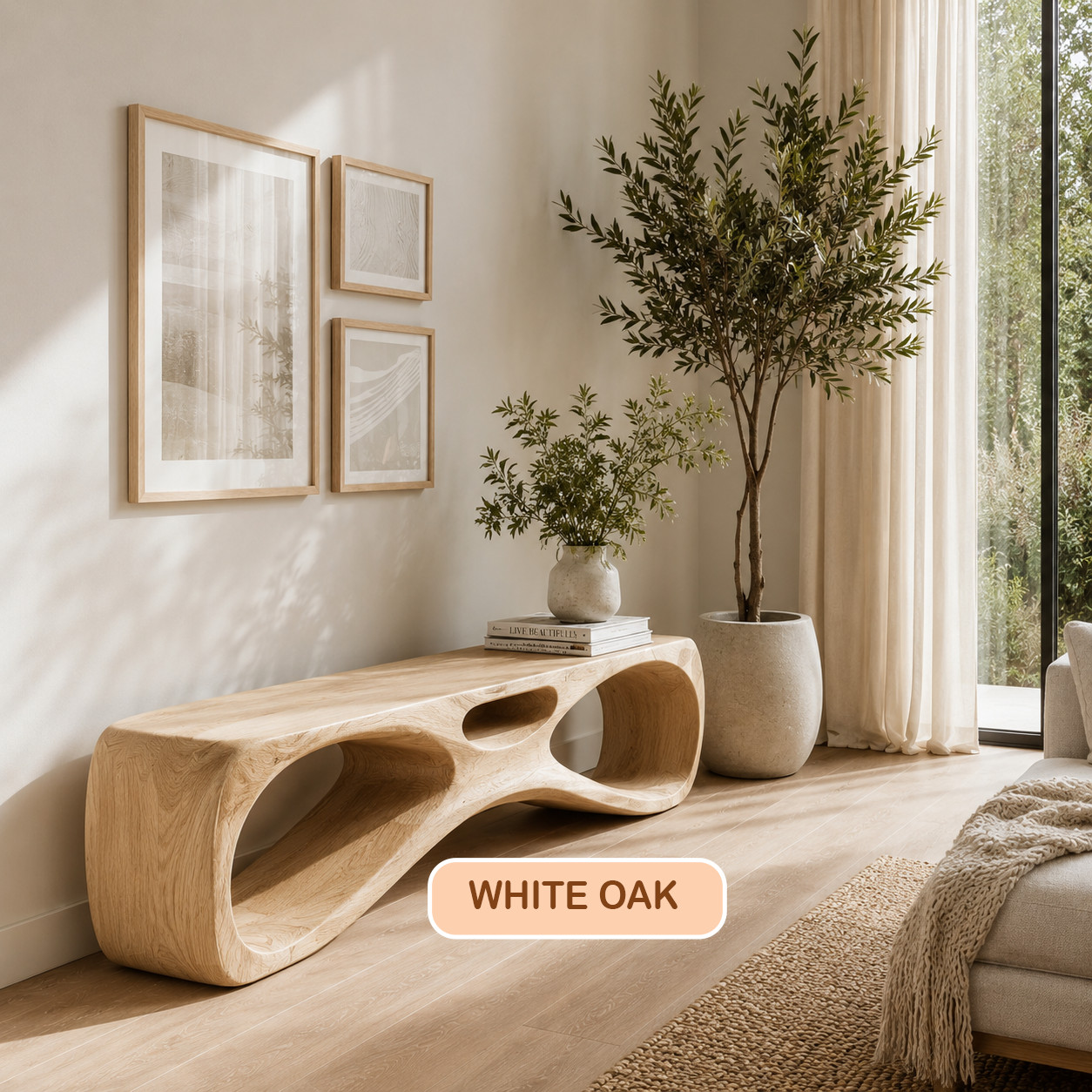 Tri-Cutout Bench Modern Sculptural Entryway Seating Stand Genuine Solid Wood