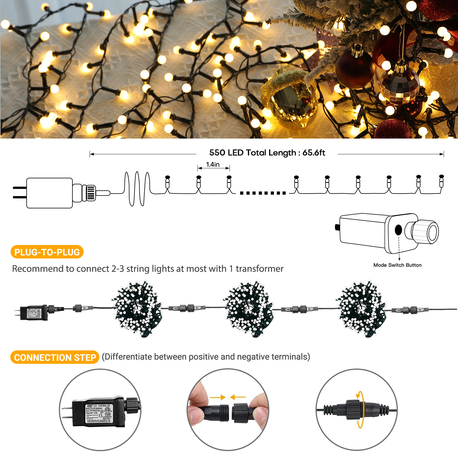 Christmas Lights 300/550 LED 8 Twinkle Modes & Remote Control Christmas String