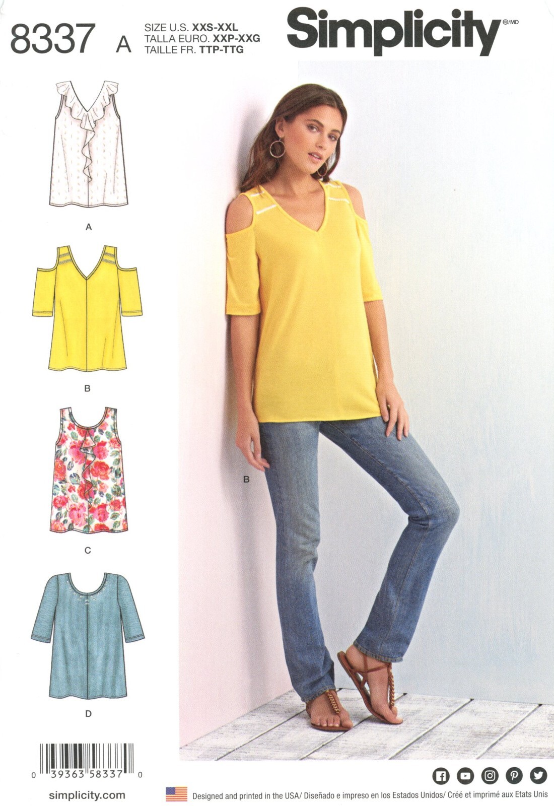 Simplicity 8337 Knit Tops w Sleeve Variations, Cold Shoulder Option Sz XXS-XXL