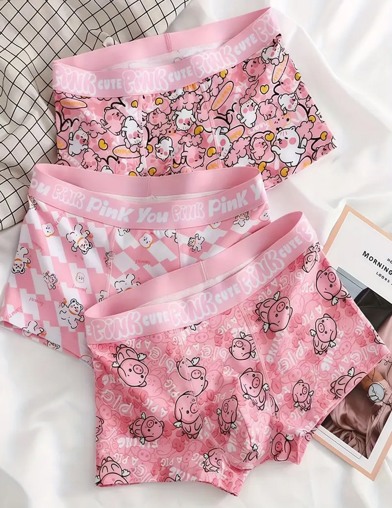 3pcs Men's Boxer Briefs,Cute Pink Piggy Underwear,Sexy Shorts,Gift for Boyfriend