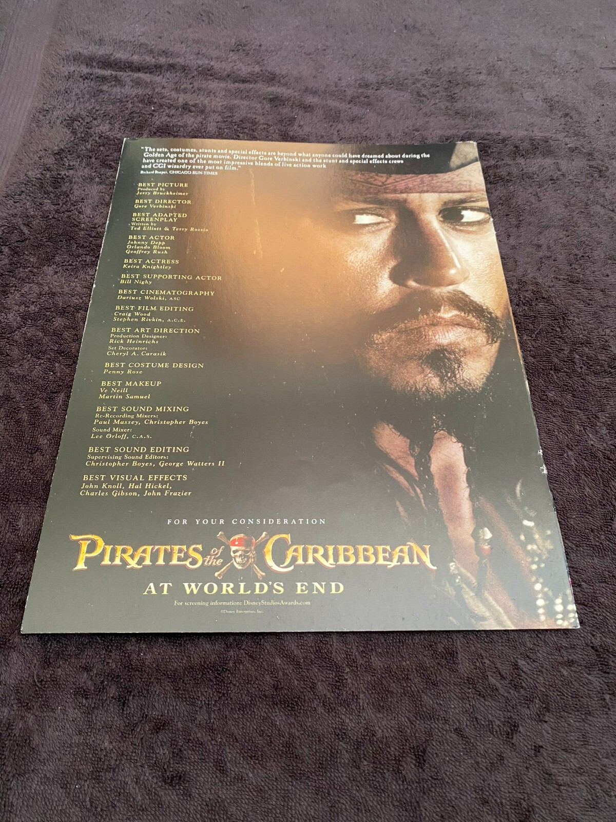 PIRATES OF THE CARIBBEAN AT WORLD'S END Oscar ad Johnny Depp as Jack Sparrow