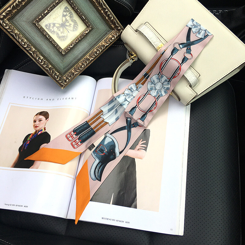 Pure Twill Silk Scarf Ribbon Harness Print Fashion Slim Head Band Necktie 86*5cm