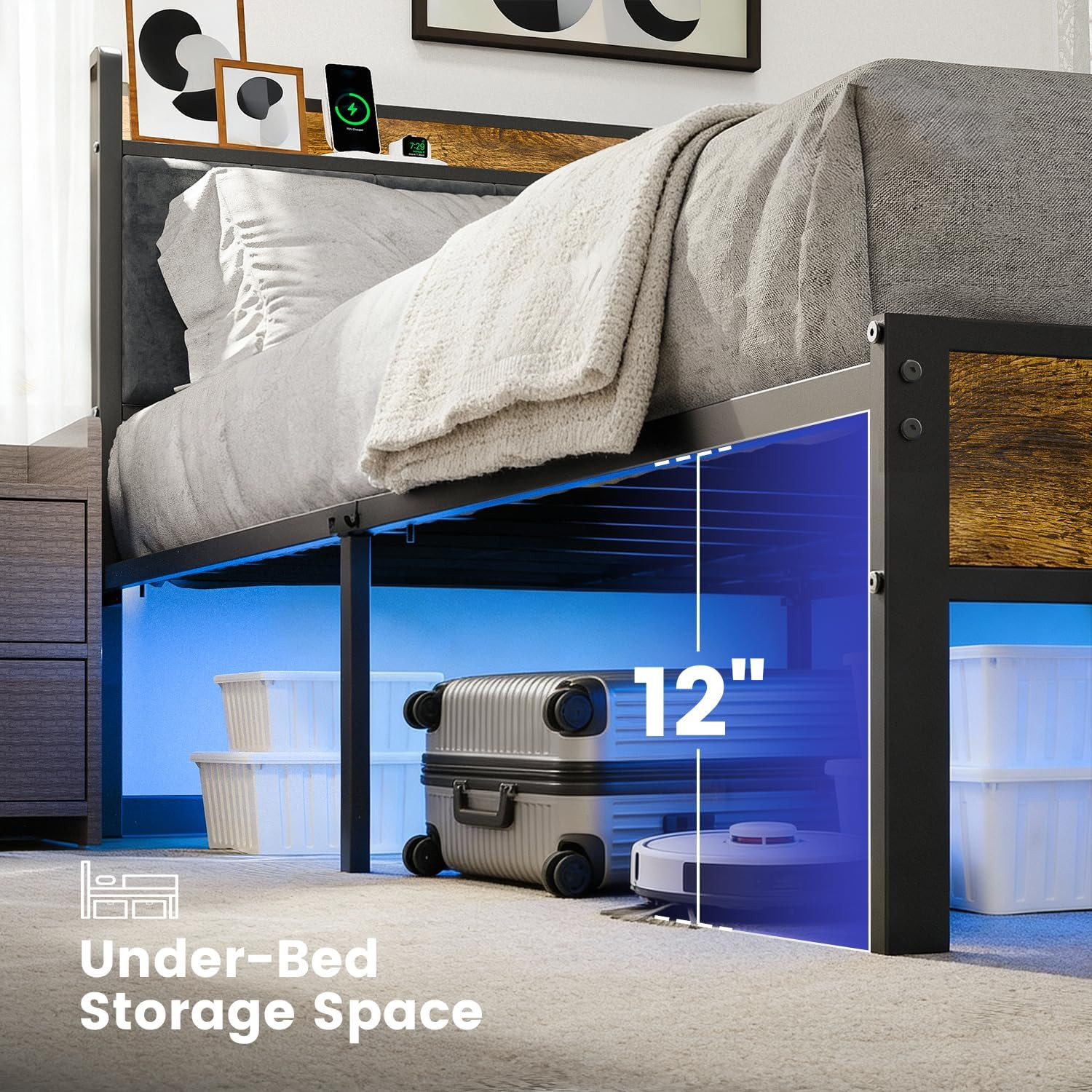 PROTEA Queen Size Bed Frame with LED Lights and Charging Station, Upholstered St