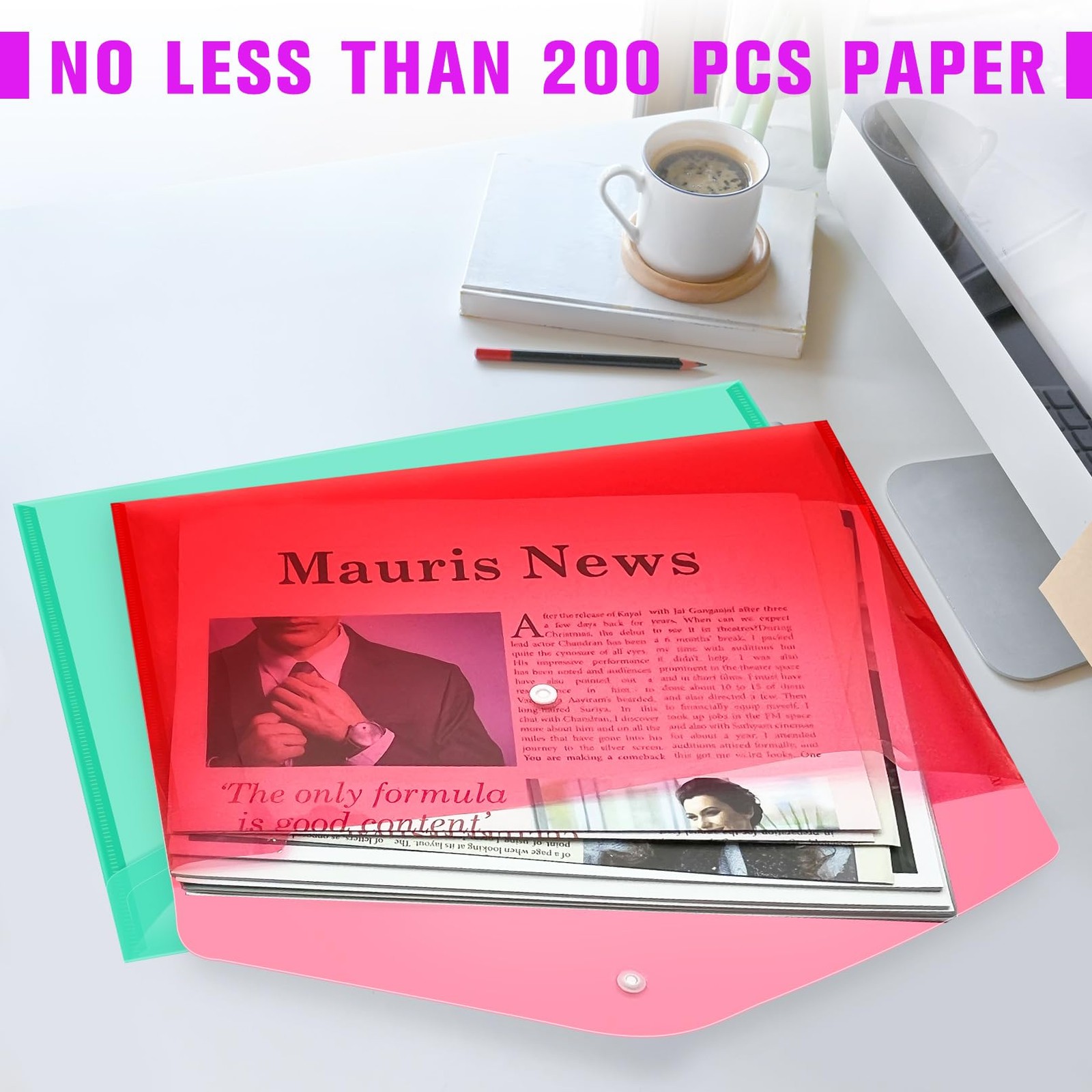 24 PCS Plastic Filing Envelopes Snap Button Closure A4 Size Poly File Folder