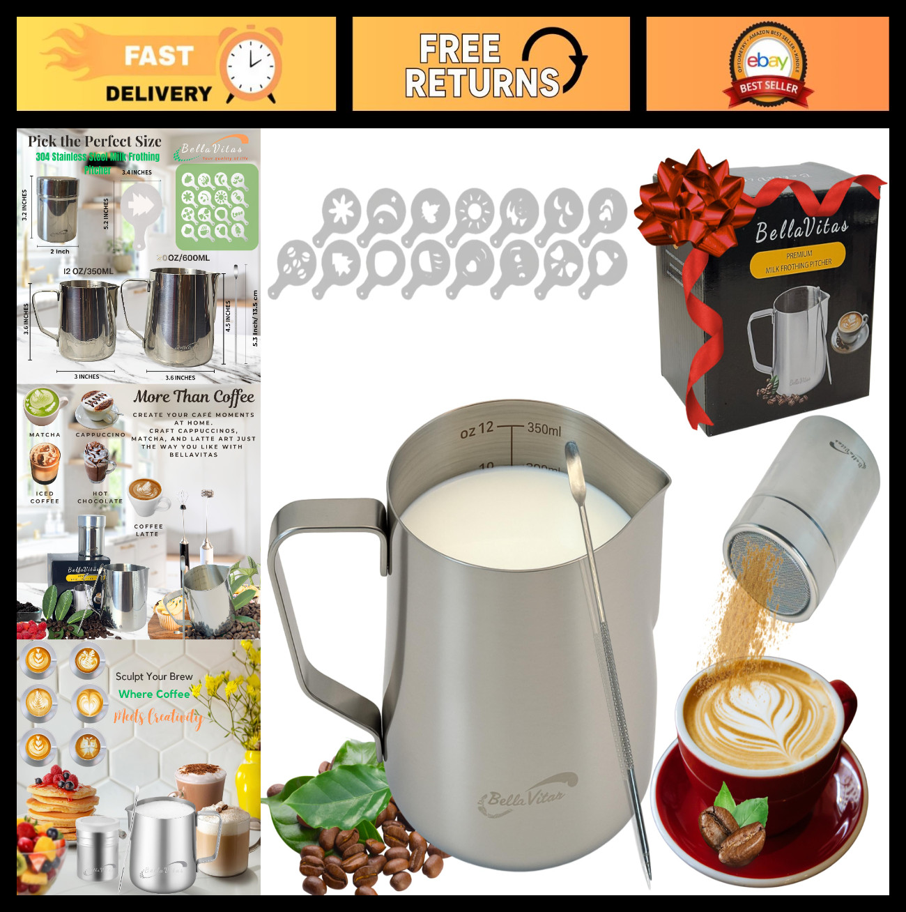 12oz Stainless Steel Milk Frothing Pitcher Set | Latte Art Pen & Stencils, Cocoa