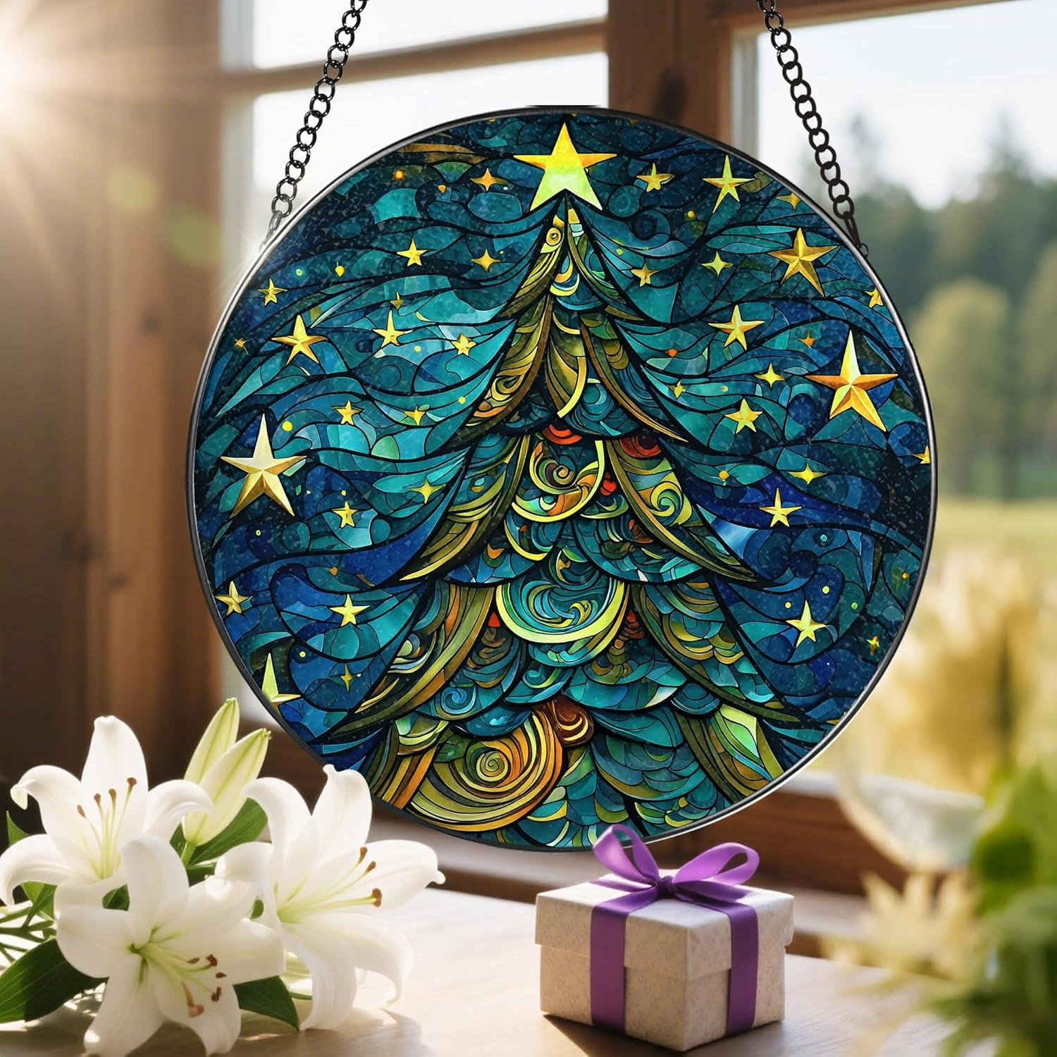 8-Inch Christmas Tree Suncatcher Ornament, Stained Glass Window Hanging & Staine