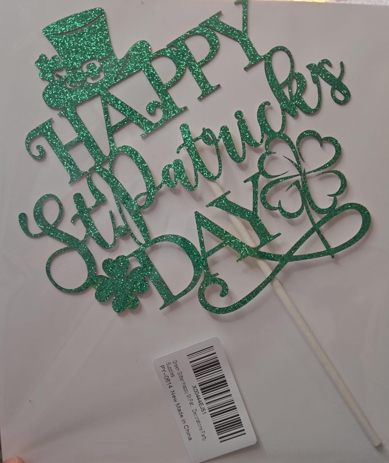 Happy St. Patrick’s Day Cake Topper – Green Glitter Shamrock Party Decor 8x6