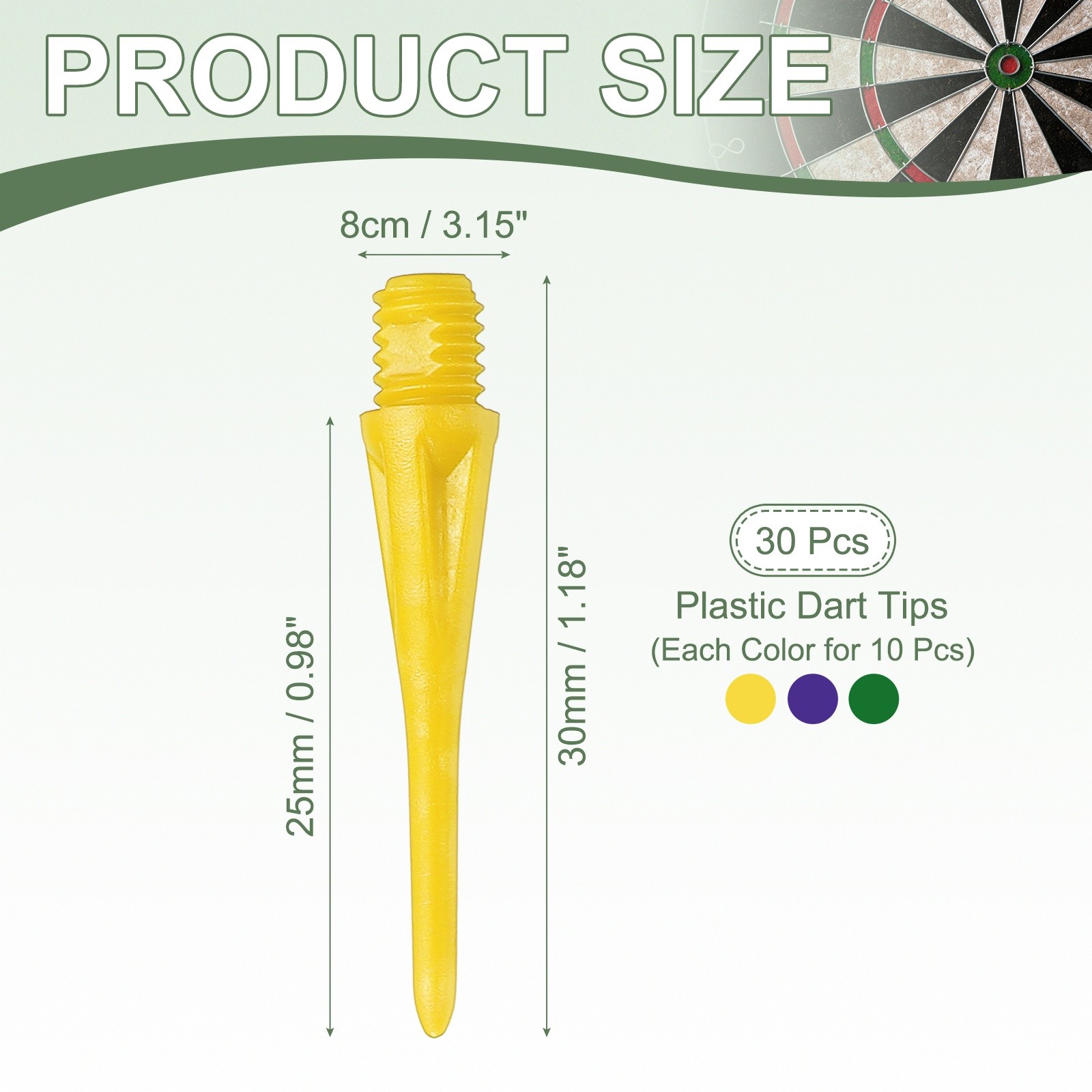 Plastic Dart Tip 2BA Thread Soft Tip Dart Accessory 30 Pack &Yellow/Green/Purple
