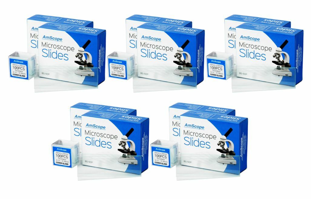 AmScope 5-Pack of 100 Blank Microscope Slides + 5 x 100 Square Glass Coverslips