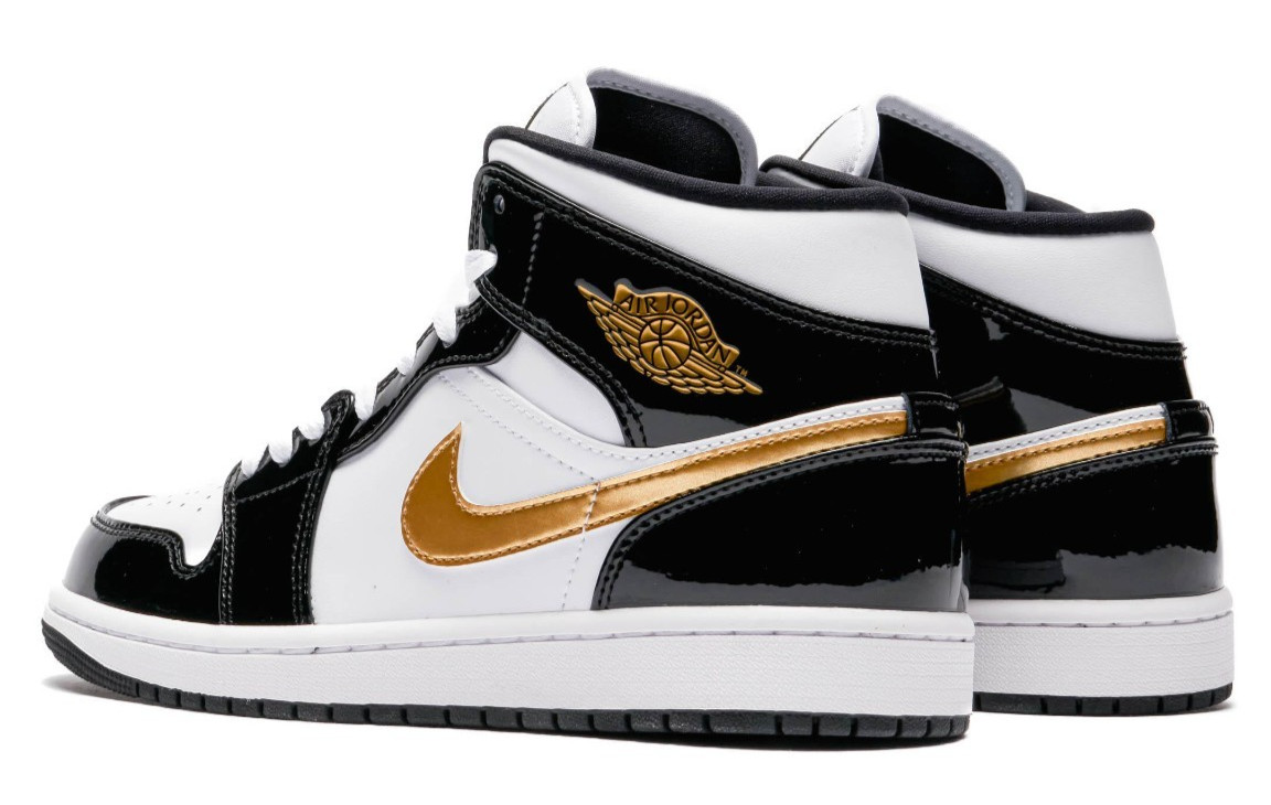 Nike Air Jordan 1 Mid Patent Black White Gold 852542-007 Men's Size New