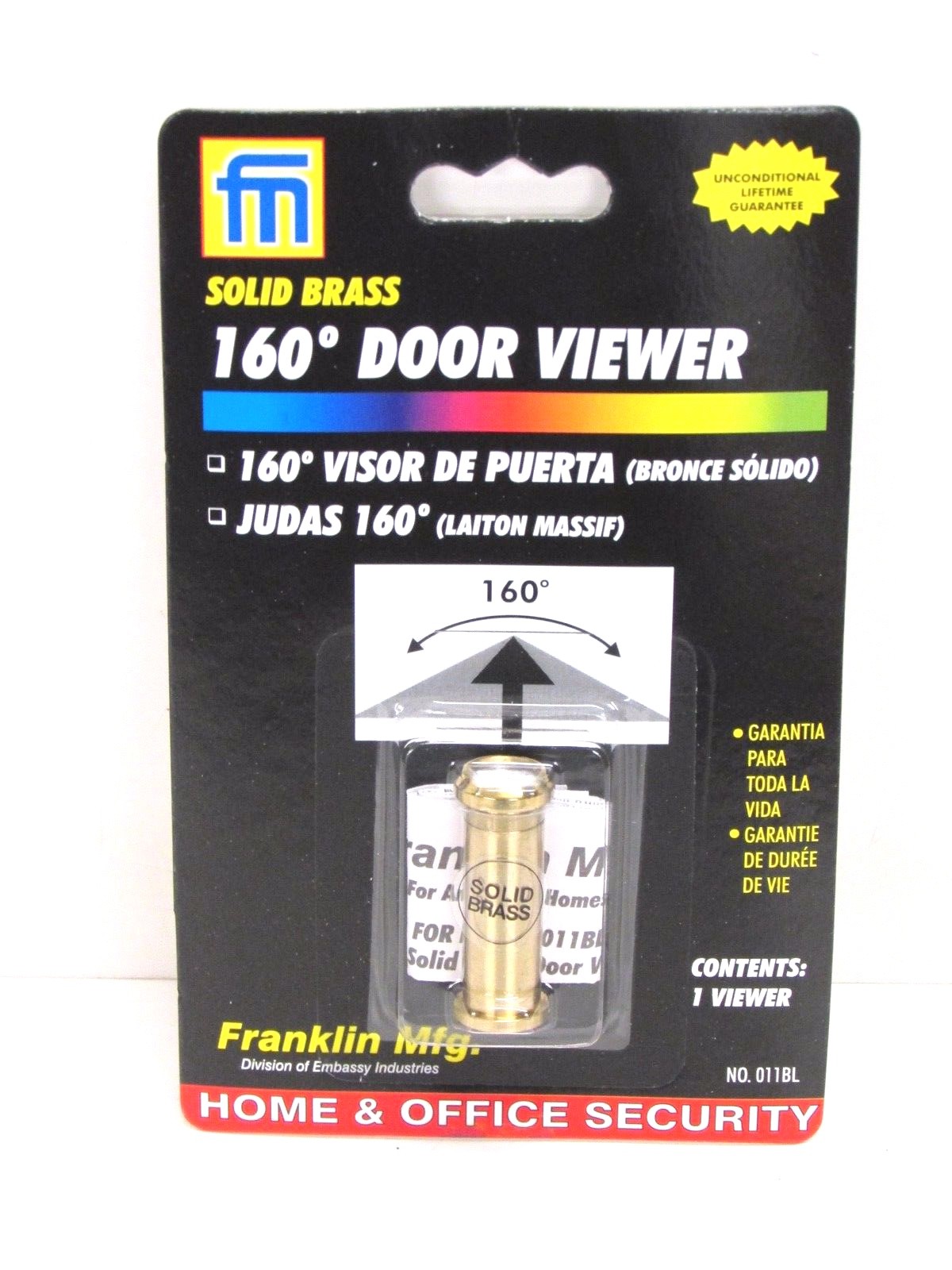 NEW! FRANKLIN MFG. 160° SOLID BRASS DOOR PEEP HOLE VIEWER, No. 011BL