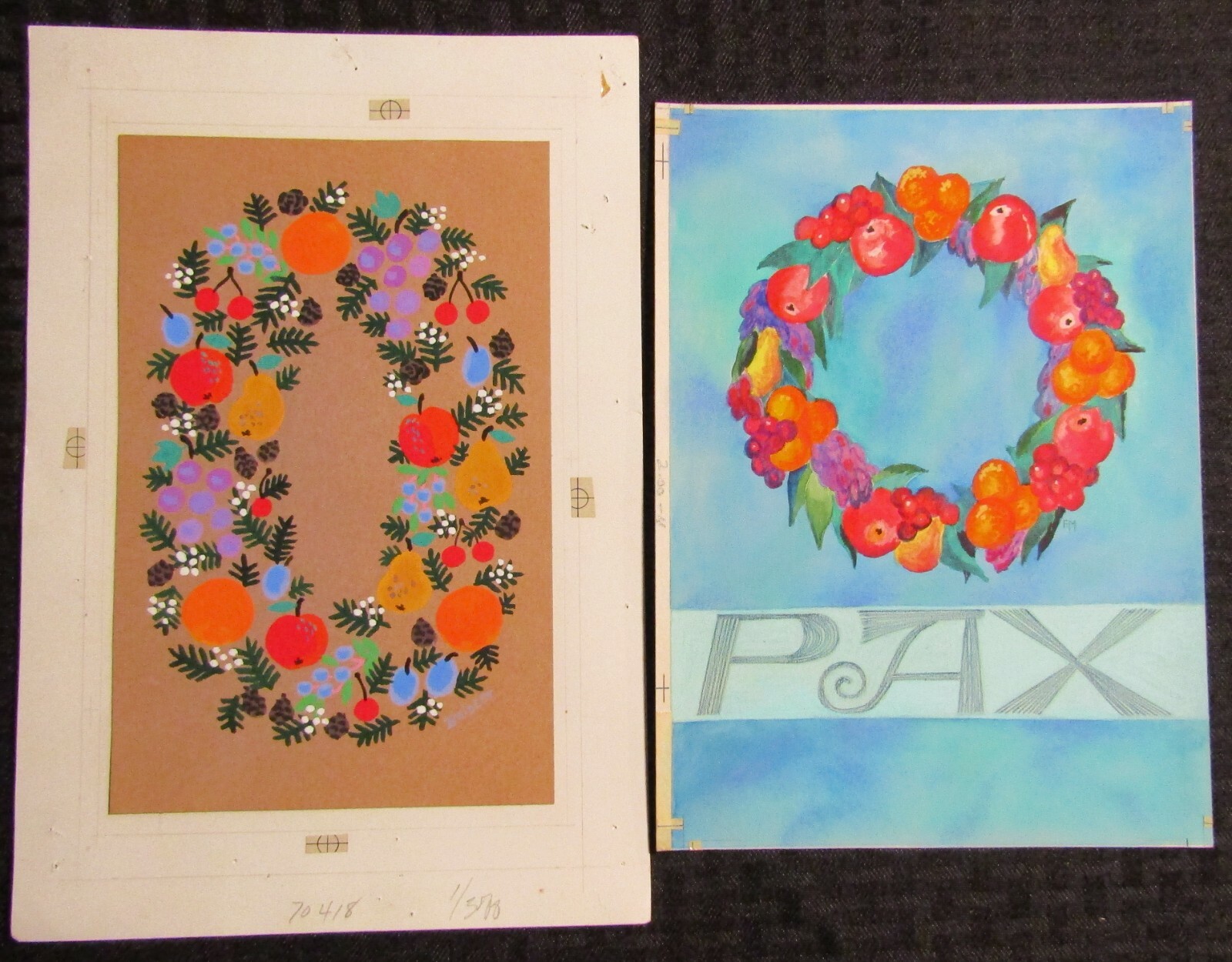 MERRY CHRISTMAS Pax Colorful Fruit Wreaths 7.5x11" Greeting Card Art LOT of 2