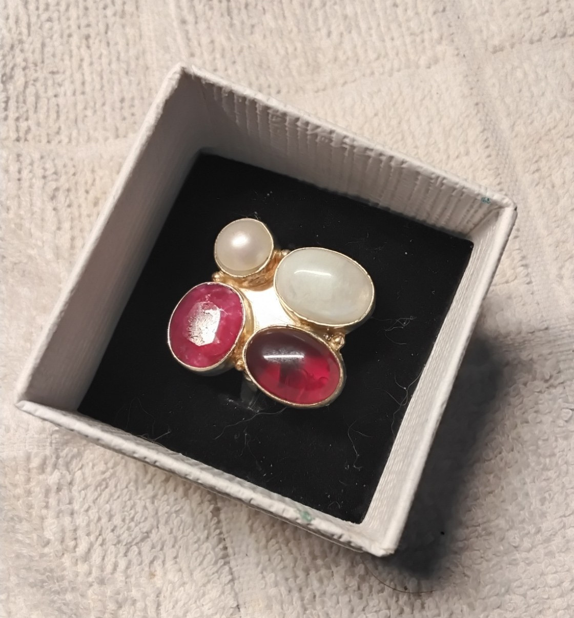 Ruby and Red Quartz CLUSTER Ring. Set In Rhodium Plated Mounting   Size 7.75