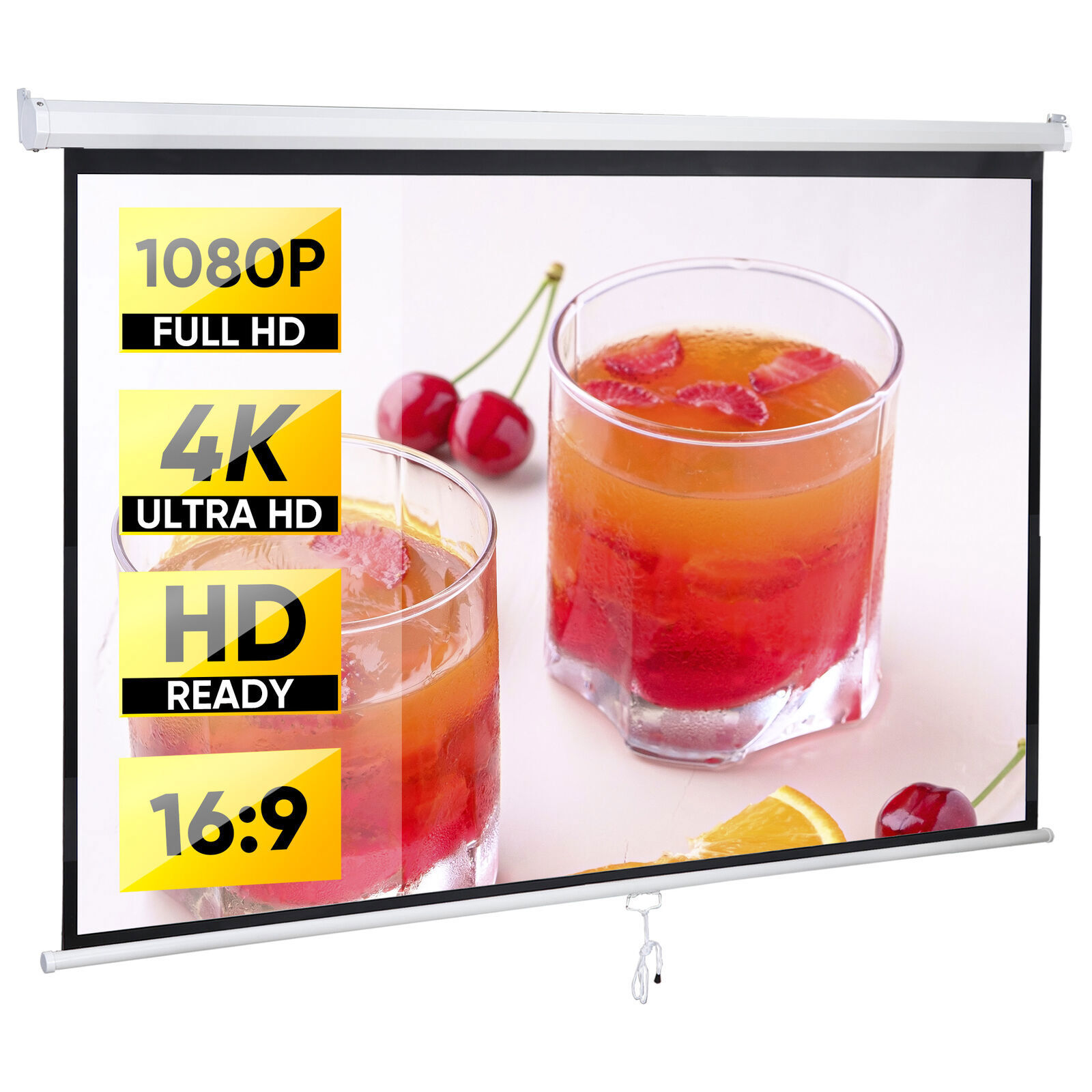 80" Manual Pull Down Projector Screen 3D Vivid Viewing Wall & Ceiling Mounted