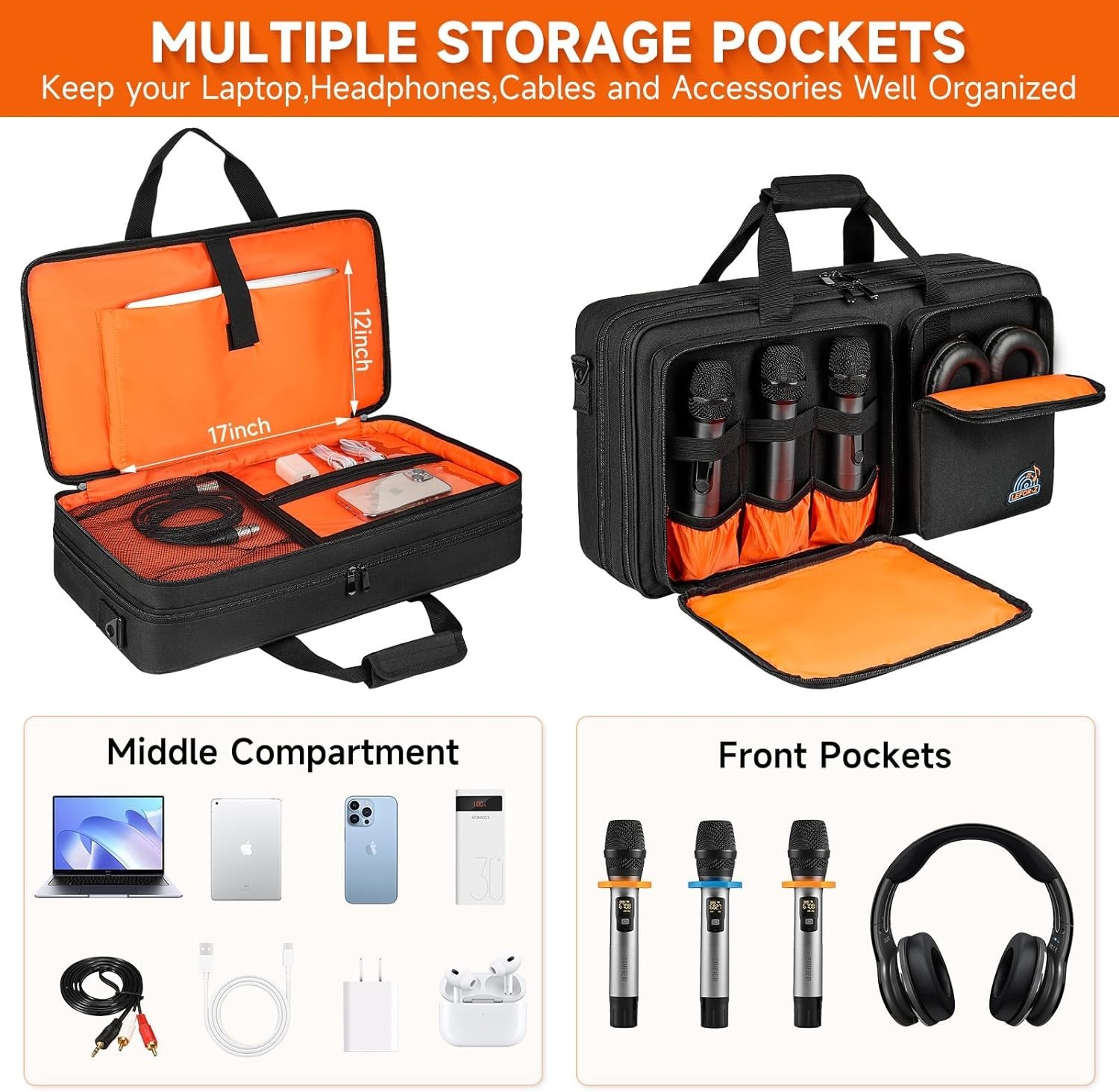 DJ Controller Bag Black Orange Polyester Protective Case M 23.5"x13.5"x2.5"