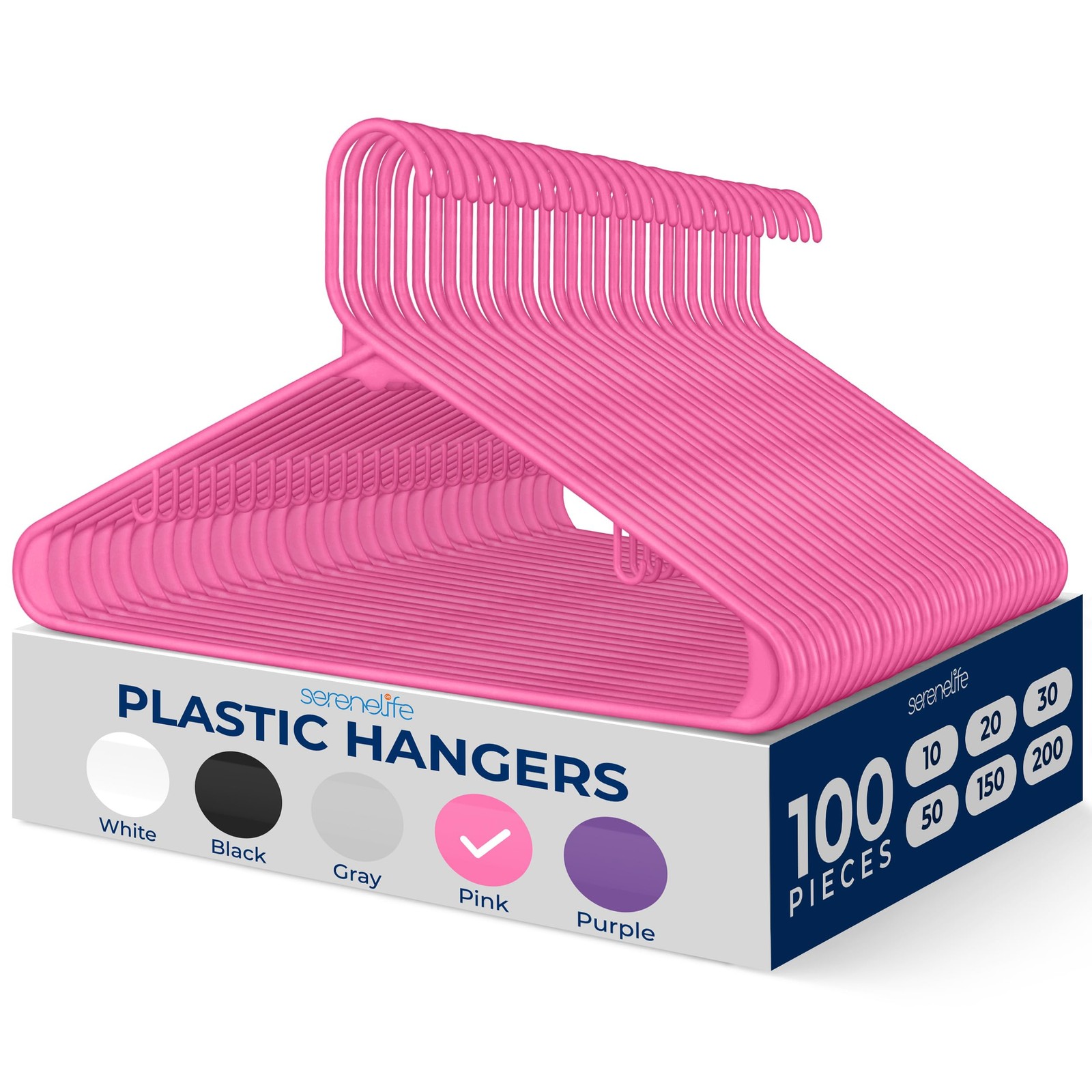 SereneLife 100 Pack Plastic Hangers (Pink)