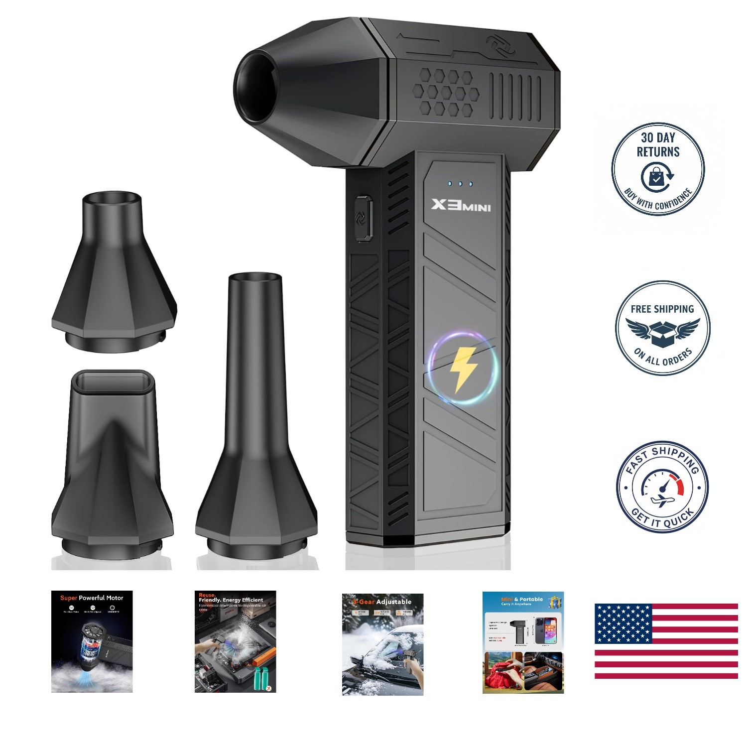 Compact 3-Gear Turbo Air Duster - Rechargeable, Eco-Friendly & Lightweight