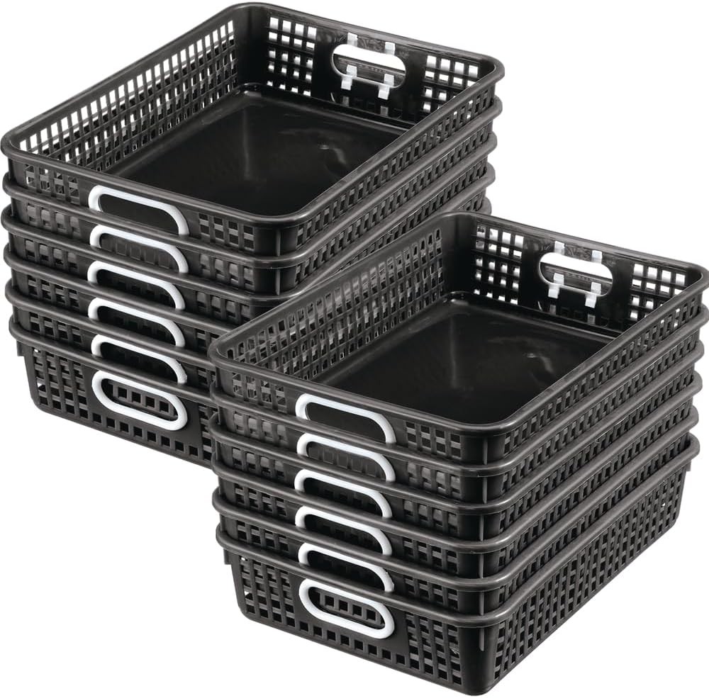 Small Plastic Paper Baskets, 14" x 10" x 3.25", 12 Pack, Black, Plastic Mesh