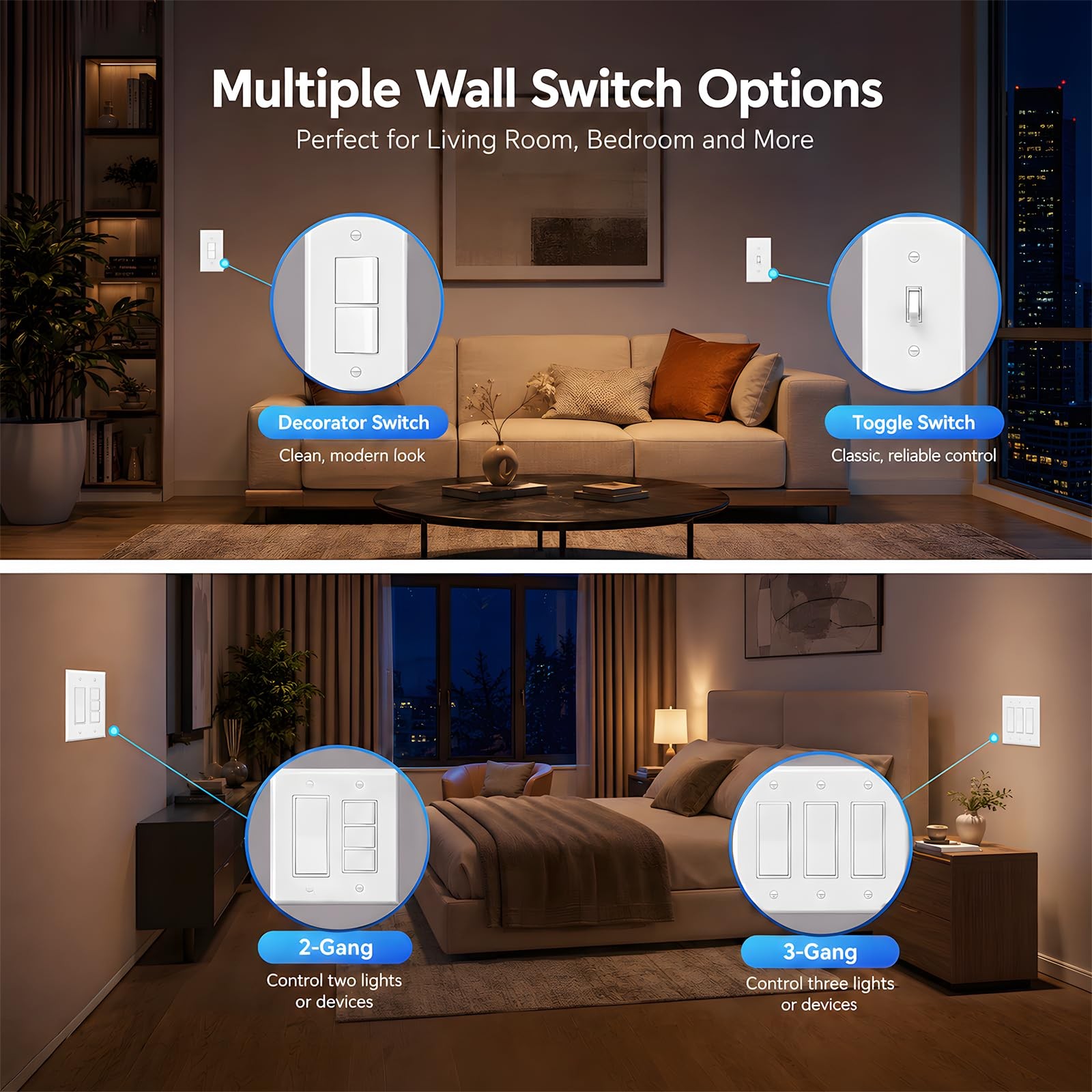 Baomain Triple Rocker Decorator Light Switch 15A 120V UL Certified